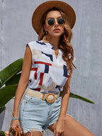Summer New Geo Print Notch Neck Doll Sleeve V-Neck Pullover Women's Top