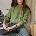 Linen Asymmetric Notch Collar Jacquard Shirt Women Long Sleeve Top