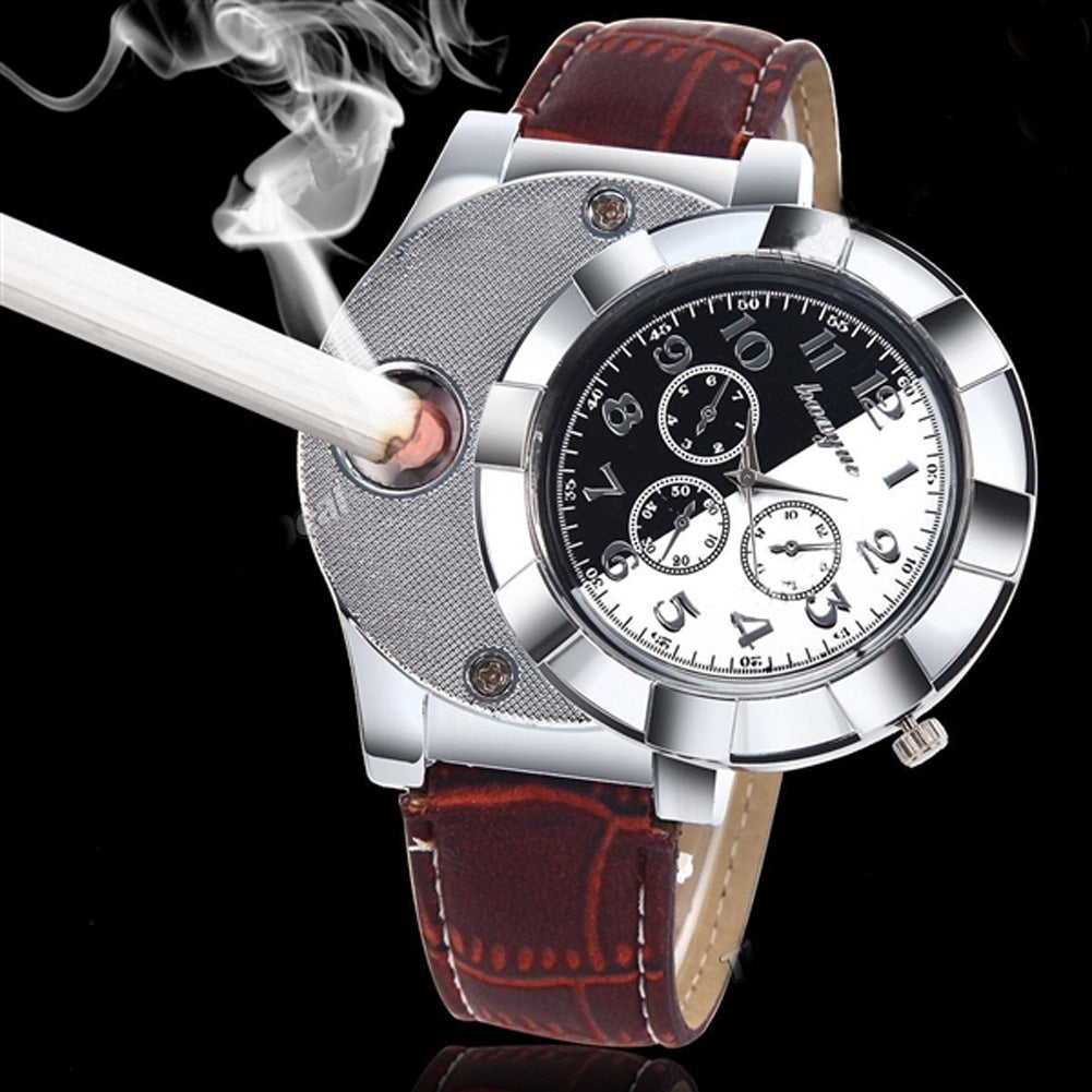 Electronic cigarette lighter watch USB rechargeable lighter multi-function watch silicone quartz watch fake three-eye watch