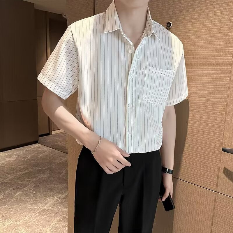 Black striped short sleeved shirt for men in summer