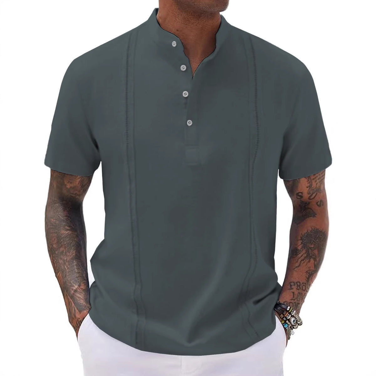 Solid Color Short Sleeve Polo Shirt for Men, Stand Collar, Button-Down Casual Sporty T-Shirt