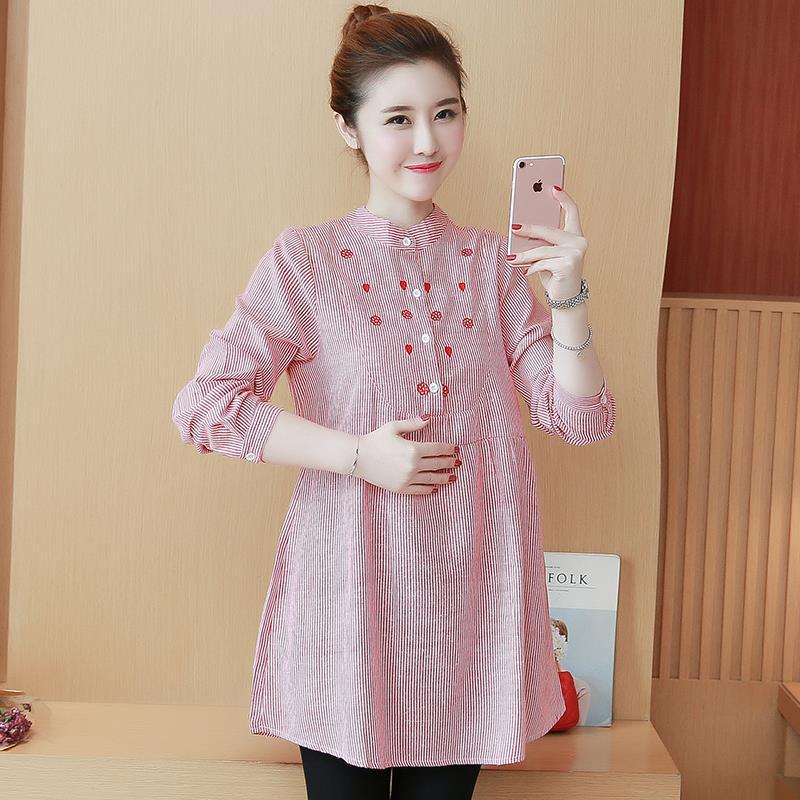 Real price 2024 spring and autumn maternity dress loose mid-length embroidered long-sleeved striped maternity dress