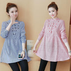 Real price 2024 spring and autumn maternity dress loose mid-length embroidered long-sleeved striped maternity dress