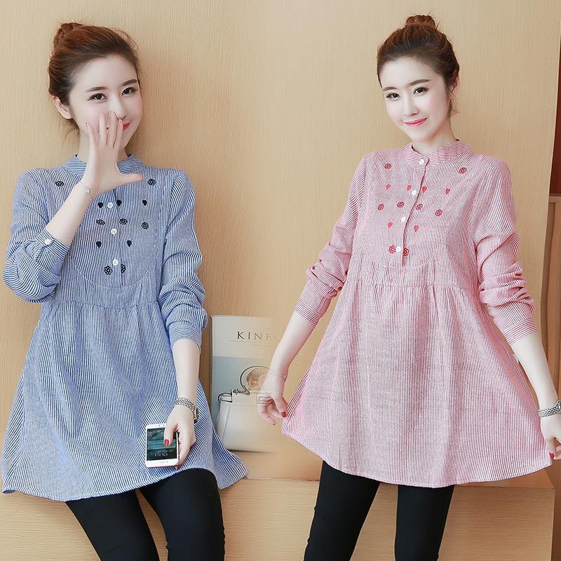 Real price 2024 spring and autumn maternity dress loose mid-length embroidered long-sleeved striped maternity dress