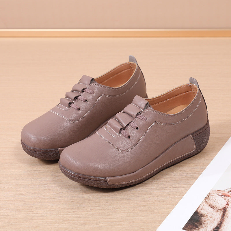 Large Size Sports Shoes for Women, Korean Version Thick Sole Rocking Shoes for Women, Genuine Leather Slip-On Wedge Heel Casual Mother Shoes