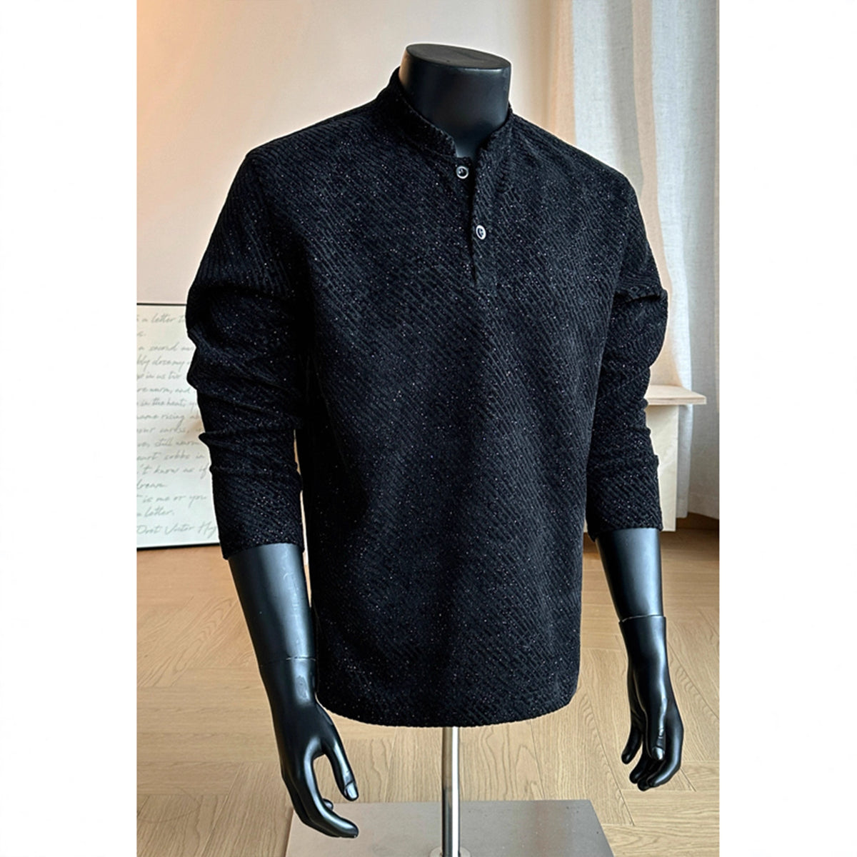 Chenille Long Sleeve Polo Shirt for Men, Autumn/Winter Thickenedtyle Regular Shoulder Fleece Lined Henley Neck Inner Layer Underwear