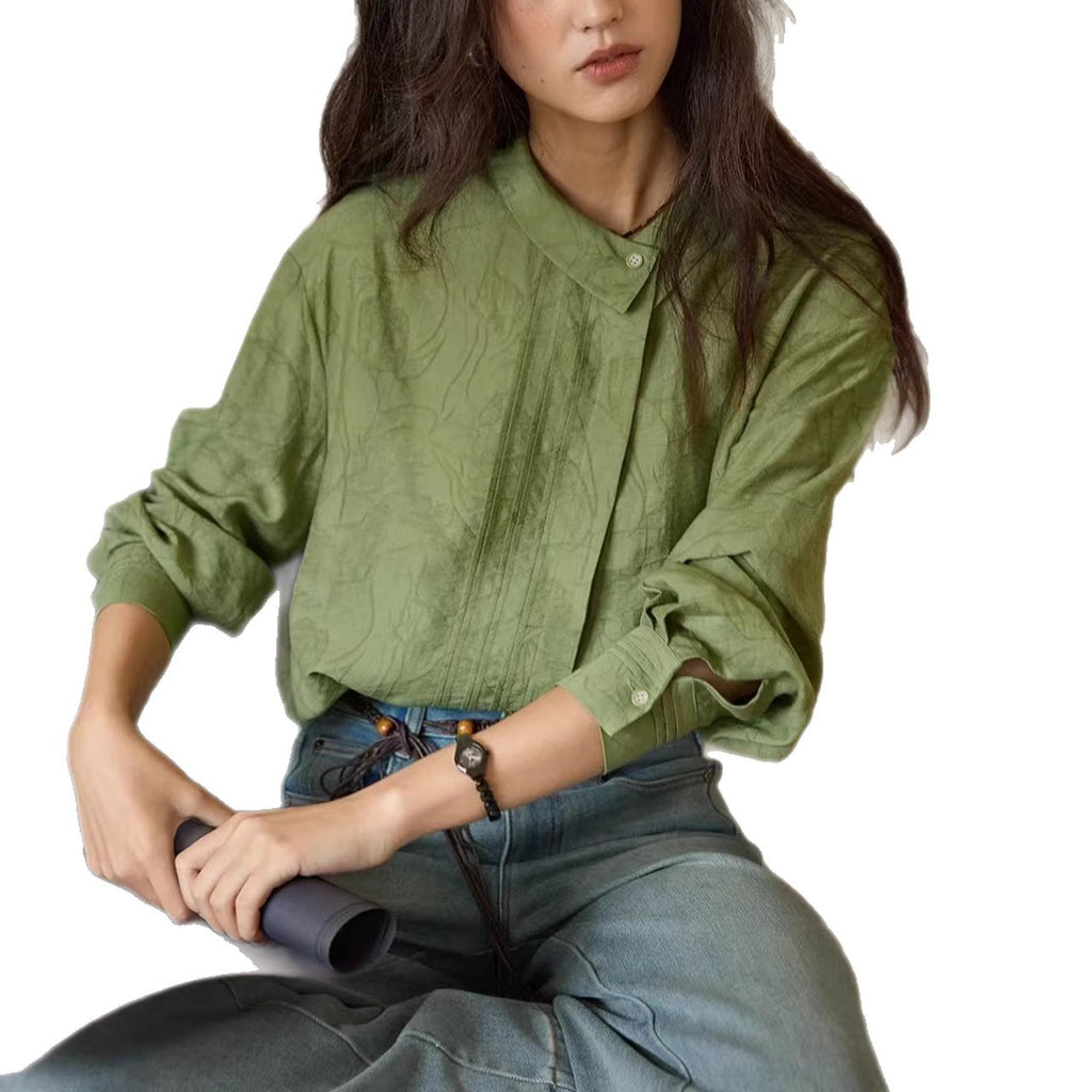 Linen Asymmetric Notch Collar Jacquard Shirt Women Long Sleeve Top