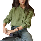 Linen Asymmetric Notch Collar Jacquard Shirt Women Long Sleeve Top