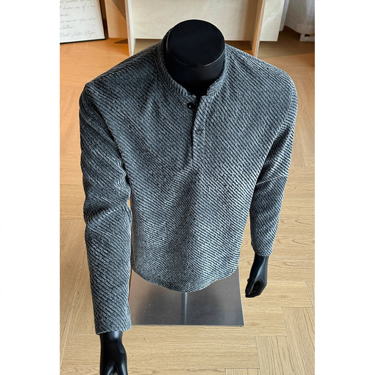 Chenille Long Sleeve Polo Shirt for Men, Autumn/Winter Thickenedtyle Regular Shoulder Fleece Lined Henley Neck Inner Layer Underwear