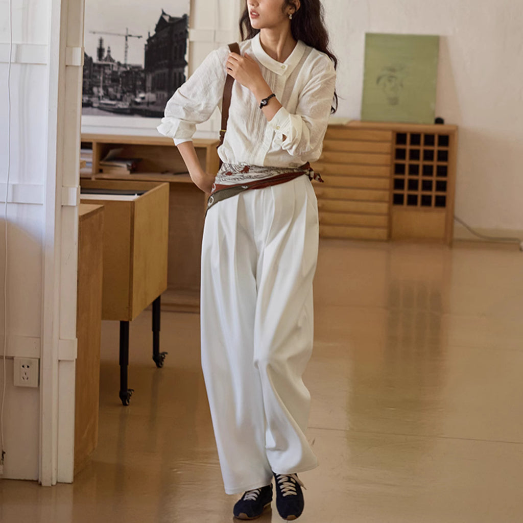 Linen Asymmetric Notch Collar Jacquard Shirt Women Long Sleeve Top