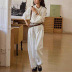 Linen Asymmetric Notch Collar Jacquard Shirt Women Long Sleeve Top
