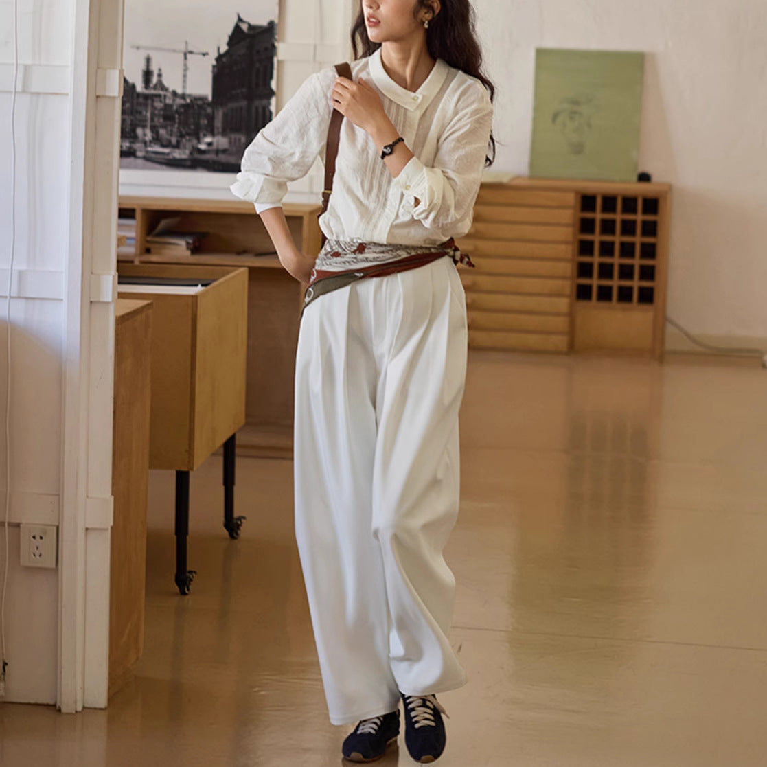 Linen Asymmetric Notch Collar Jacquard Shirt Women Long Sleeve Top