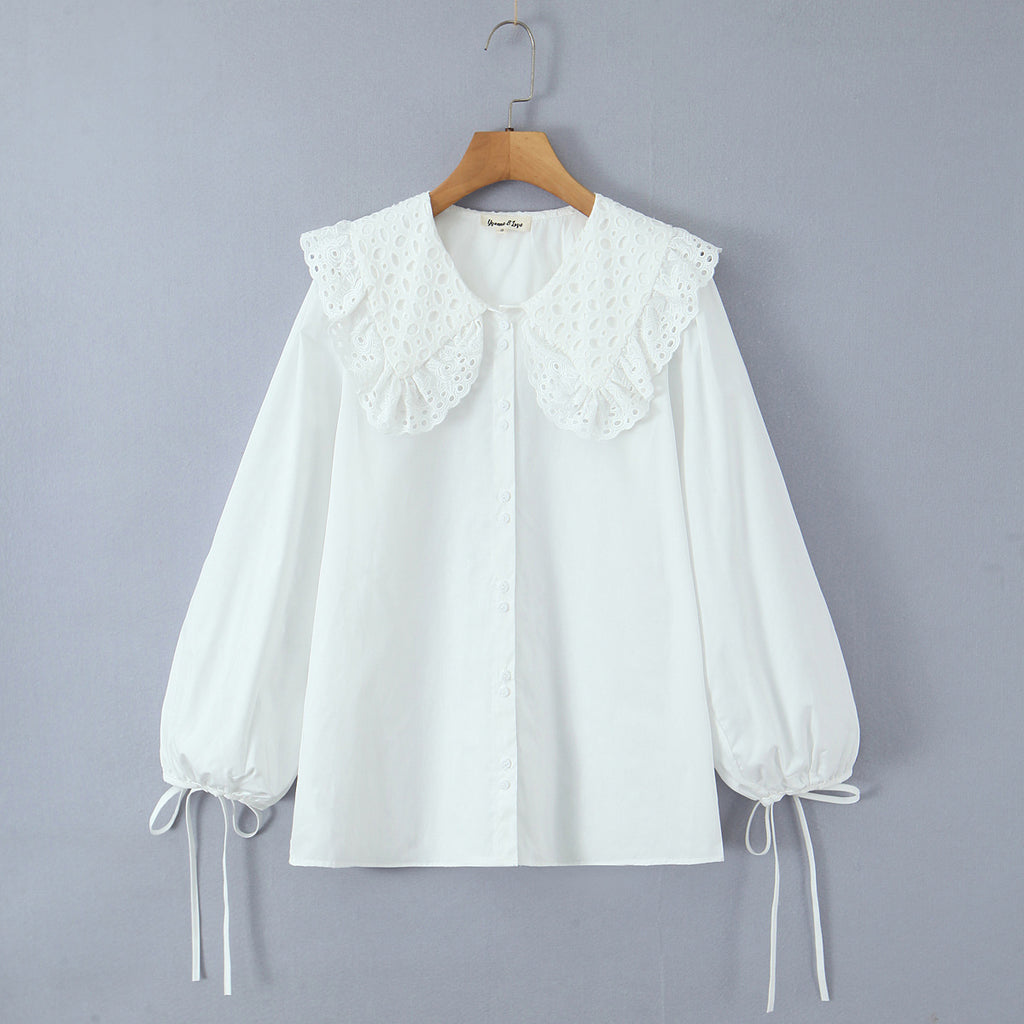 Casual Style Lace Trimmed Notch Lapel White Loose Long Sleeve Single Breasted Shirt