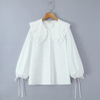 Casual Style Lace Trimmed Notch Lapel White Loose Long Sleeve Single Breasted Shirt