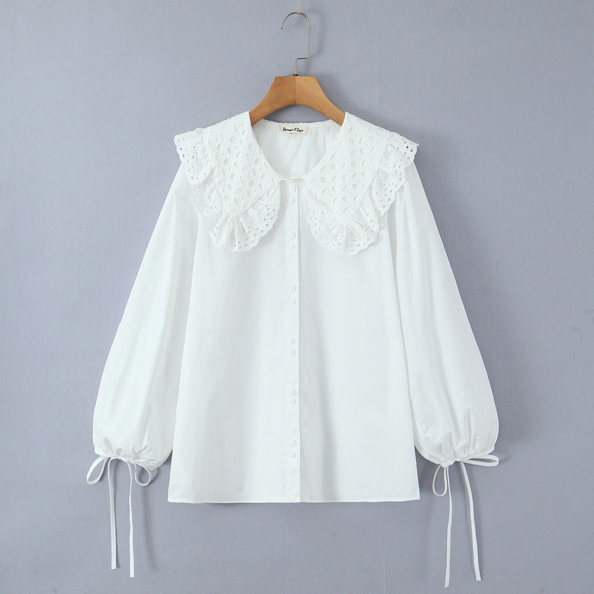 Casual Style Lace Trimmed Notch Lapel White Loose Long Sleeve Single Breasted Shirt