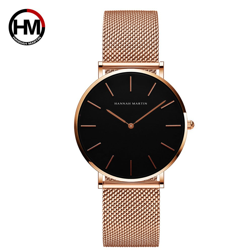Women's Black Mesh Steel Watch - Waterproof, Rose Gold