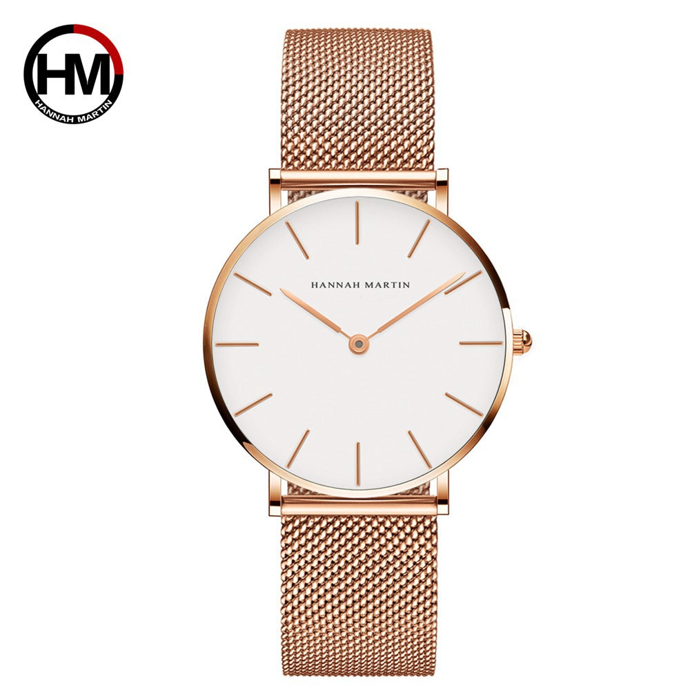 Women's Black Mesh Steel Watch - Waterproof, Rose Gold