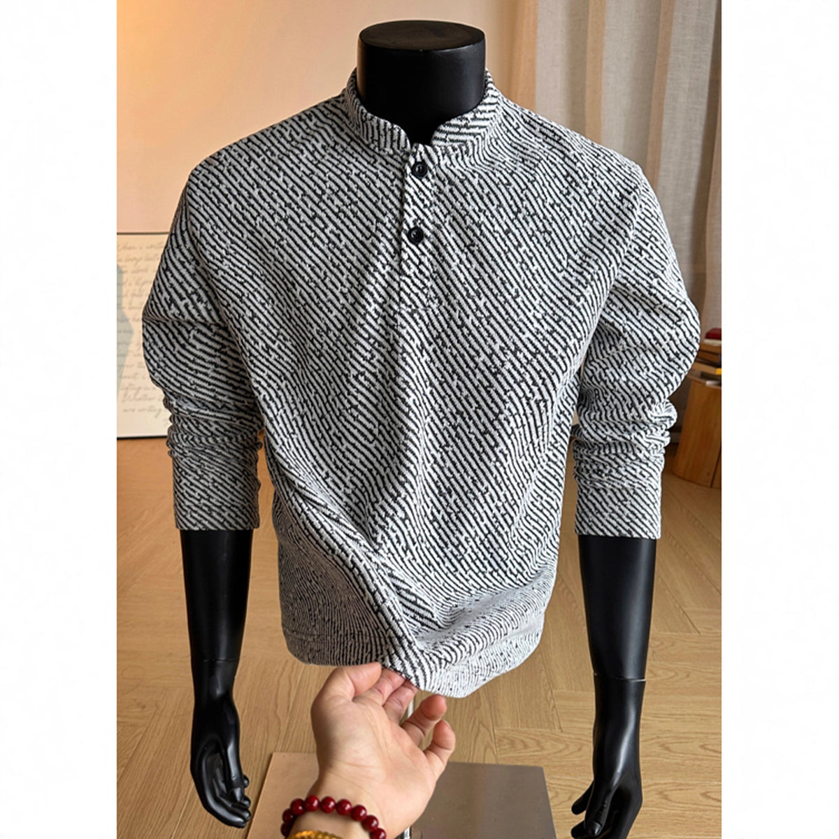 Chenille Long Sleeve Polo Shirt for Men, Autumn/Winter Thickenedtyle Regular Shoulder Fleece Lined Henley Neck Inner Layer Underwear