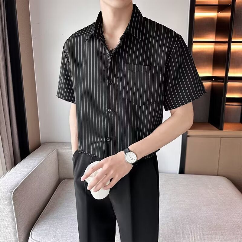 Black striped short sleeved shirt for men in summer