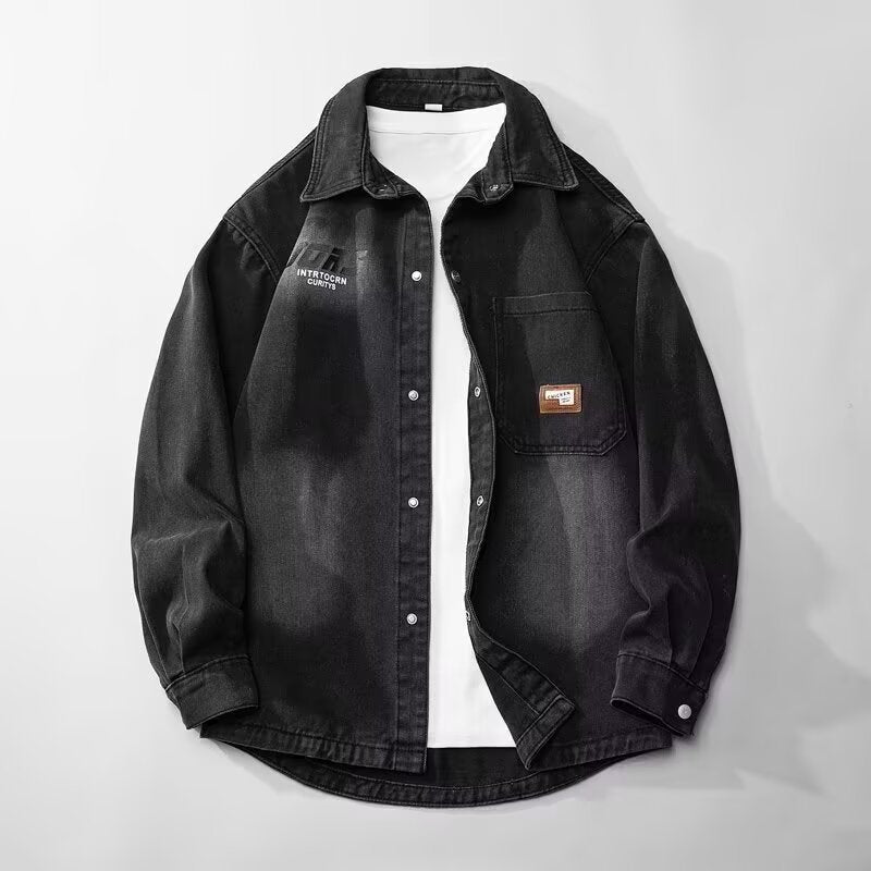 Retro Black Denim Jacket for Men, Street Style Loose Casual Notch Lapel Coat