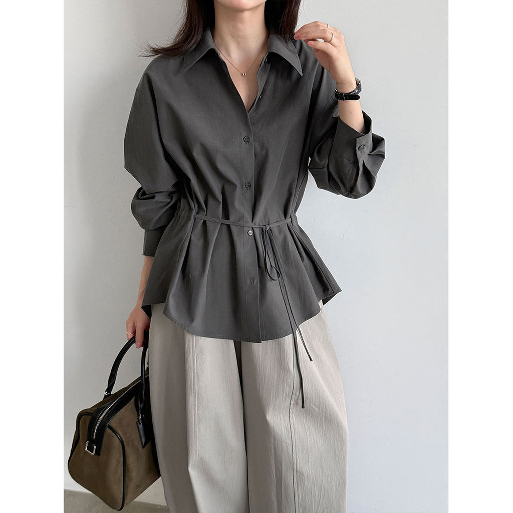 Autumn New Belted Waist Notch Collar Versatile Shirt for Women  Office Casual Simple Top Outerwear