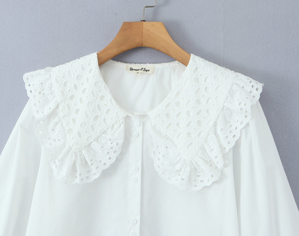 Casual Style Lace Trimmed Notch Lapel White Loose Long Sleeve Single Breasted Shirt