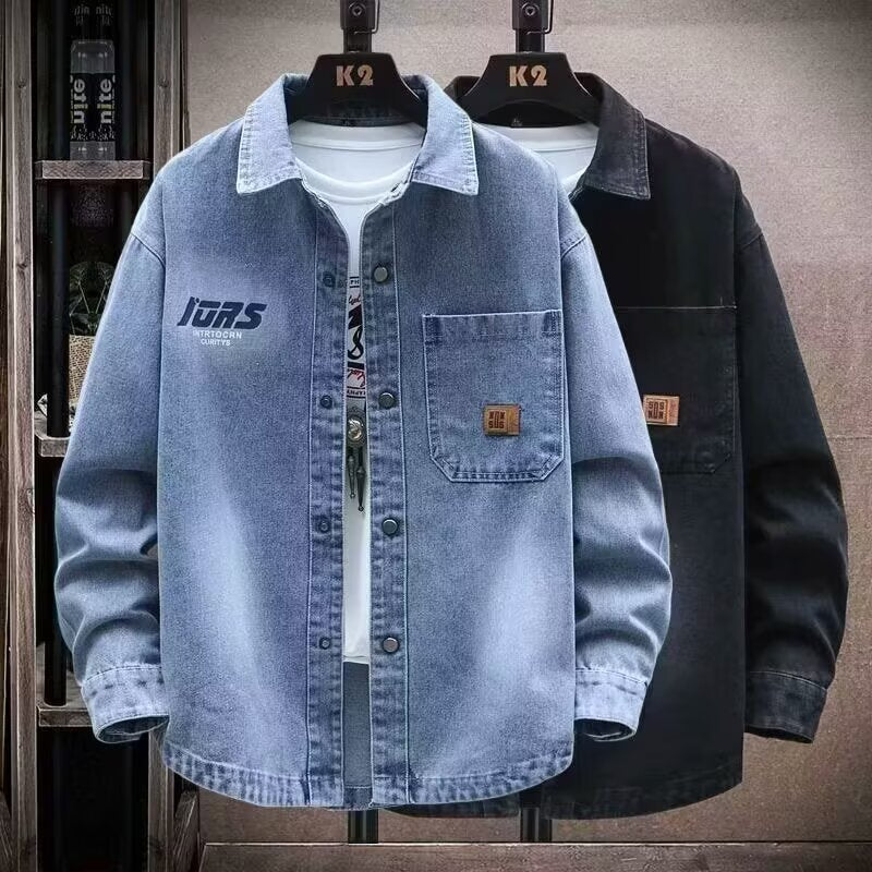 Retro Black Denim Jacket for Men, Street Style Loose Casual Notch Lapel Coat