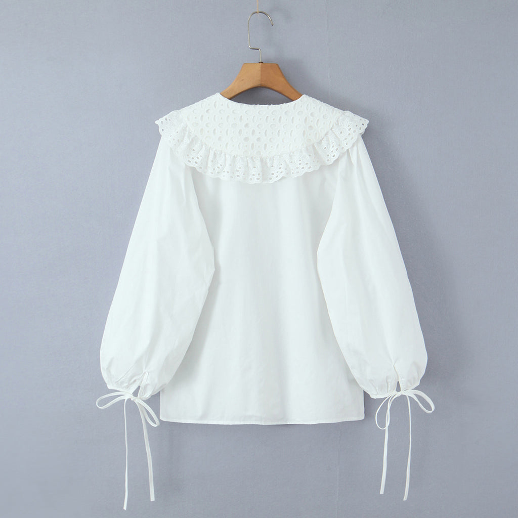 Casual Style Lace Trimmed Notch Lapel White Loose Long Sleeve Single Breasted Shirt