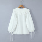 Casual Style Lace Trimmed Notch Lapel White Loose Long Sleeve Single Breasted Shirt