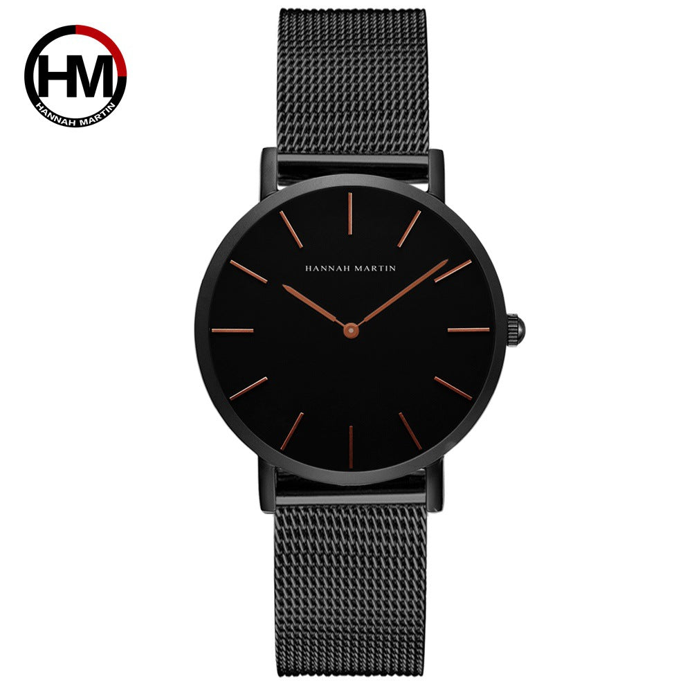 Women's Black Mesh Steel Watch - Waterproof, Rose Gold