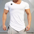Men's bodybuilding and fitness irregular asymmetric T-shirt stretch cotton sports bottoming undershirt casual fashion short-sleeved T