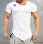 Men's bodybuilding and fitness irregular asymmetric T-shirt stretch cotton sports bottoming undershirt casual fashion short-sleeved T