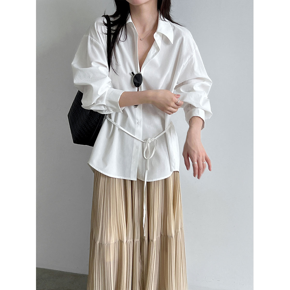 Autumn New Belted Waist Notch Collar Versatile Shirt for Women  Office Casual Simple Top Outerwear