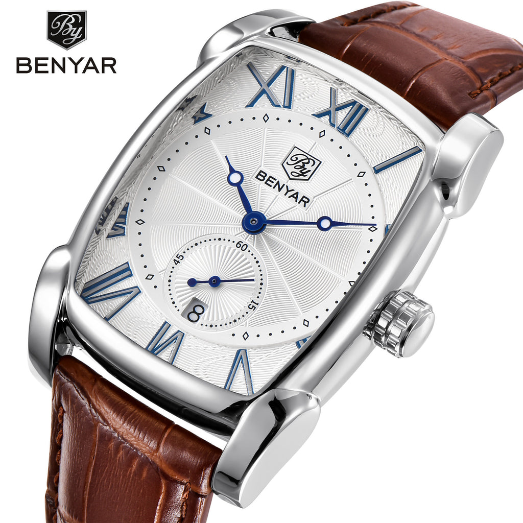 Men's Black Square Dial Quartz Watch - Leather Strap