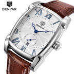 Men's Black Square Dial Quartz Watch - Leather Strap