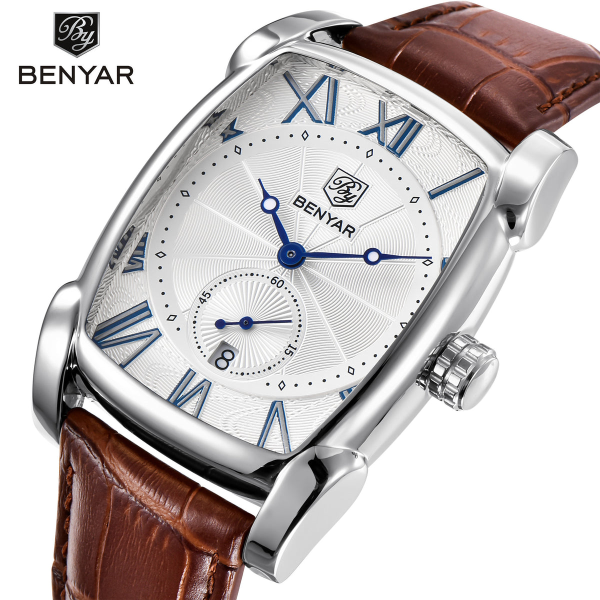 Men's Black Square Dial Quartz Watch - Leather Strap