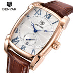 Men's Black Square Dial Quartz Watch - Leather Strap