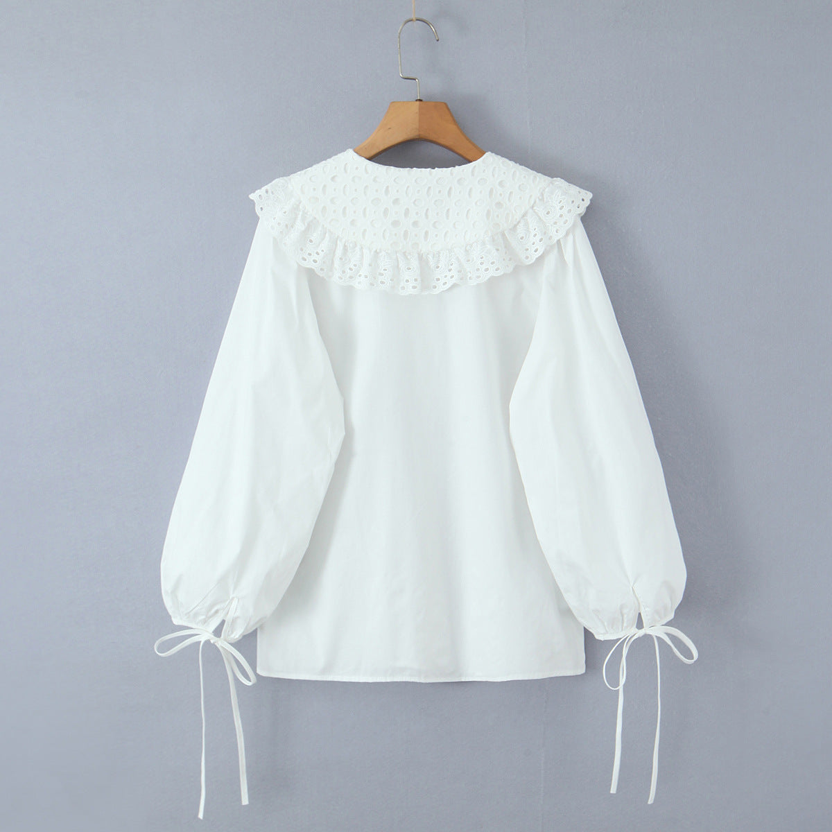 Casual Style Lace Trimmed Notch Lapel White Loose Long Sleeve Single Breasted Shirt