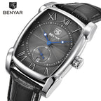 Men's Black Square Dial Quartz Watch - Leather Strap
