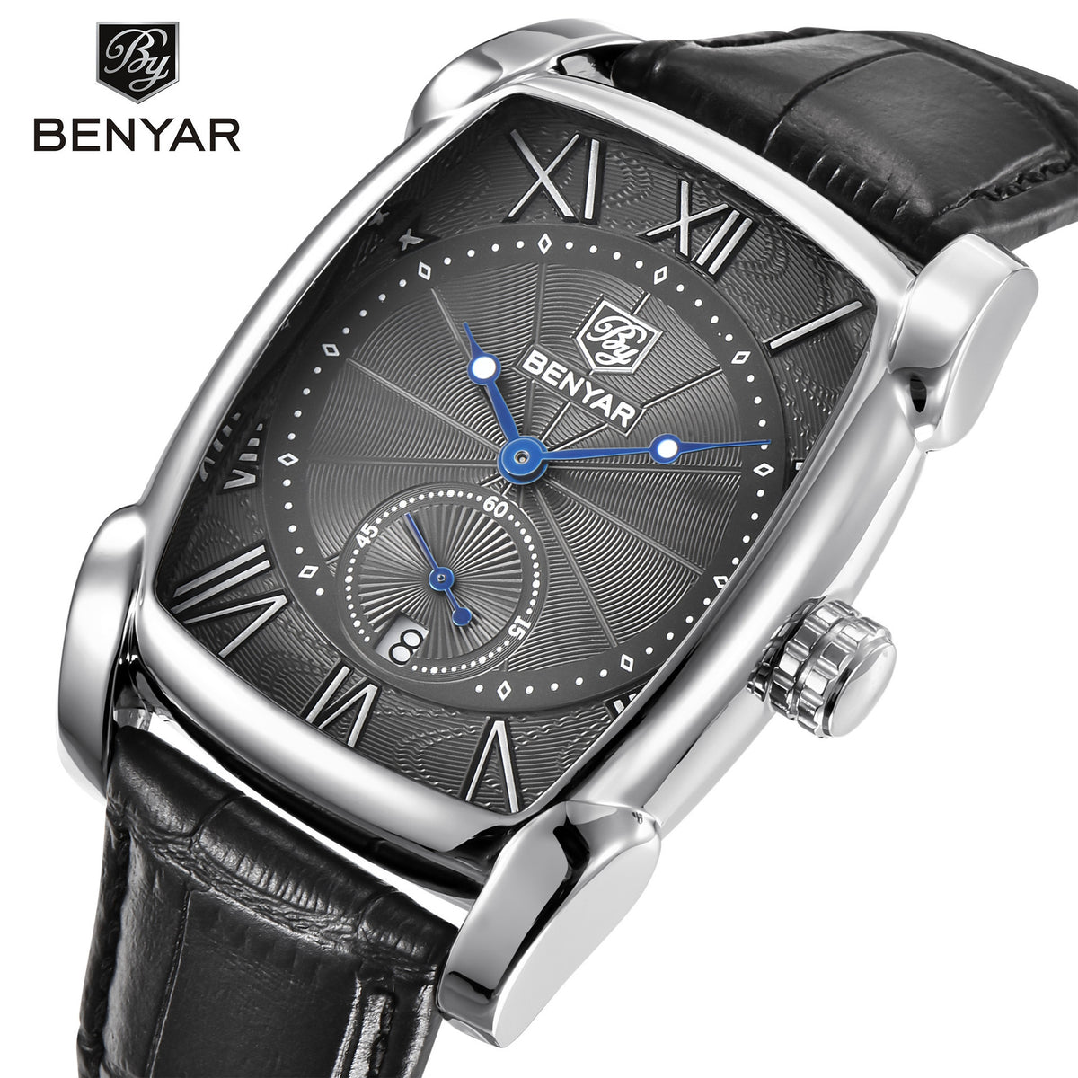 Men's Black Square Dial Quartz Watch - Leather Strap