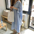 388 Korean Casual Shirt Dress 2025 Spring New Women's Clothing Plus Size Loose Shirt Dress Long Cotton Linen Export