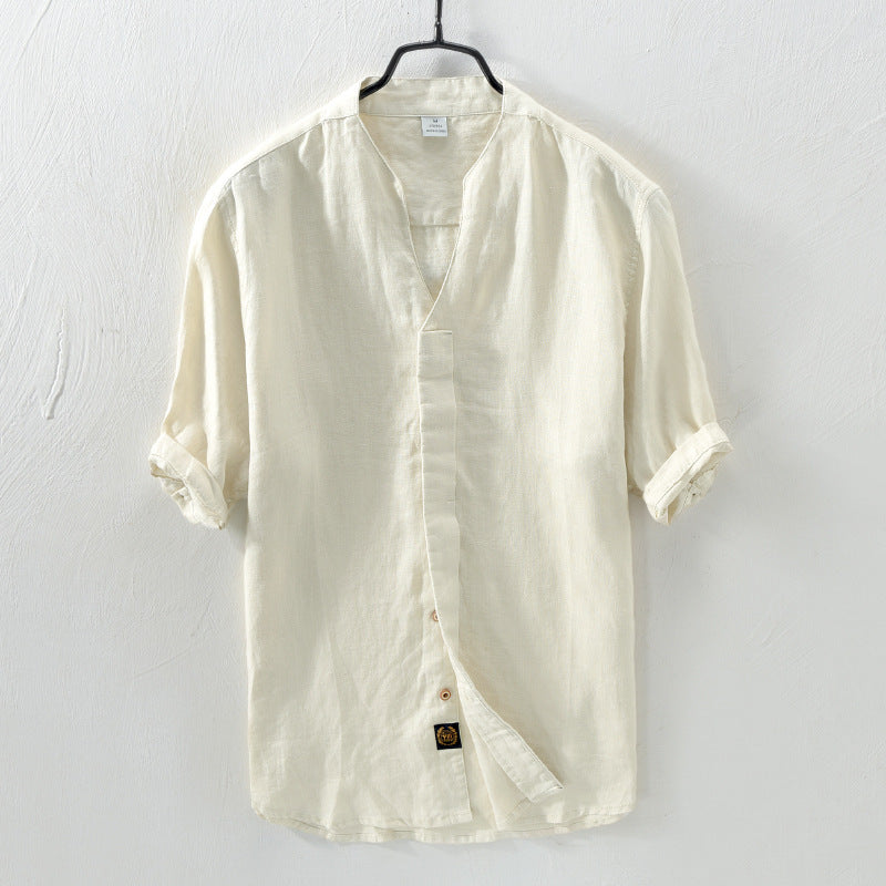 Men's Khaki Linen Mid-Sleeve Shirt – Retro | Aladinae