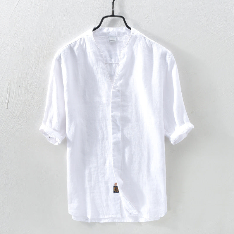 Men's Khaki Linen Mid-Sleeve Shirt – Retro | Aladinae