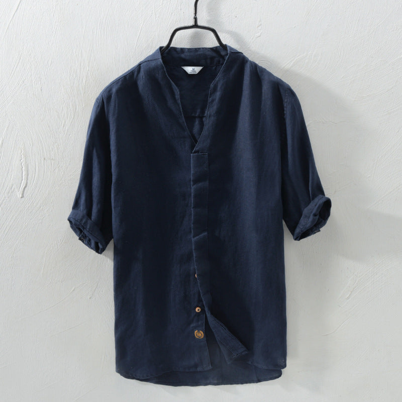Men's Khaki Linen Mid-Sleeve Shirt – Retro | Aladinae