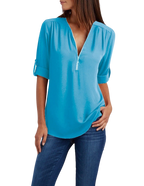 2023ebay European and American shirt V-neck zipper large size women's long sleeves rollable sleeves loose chiffon shirt European and American