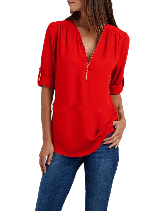 2023ebay European and American shirt V-neck zipper large size women's long sleeves rollable sleeves loose chiffon shirt European and American