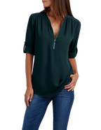 2023ebay European and American shirt V-neck zipper large size women's long sleeves rollable sleeves loose chiffon shirt European and American