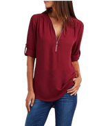 2023ebay European and American shirt V-neck zipper large size women's long sleeves rollable sleeves loose chiffon shirt European and American