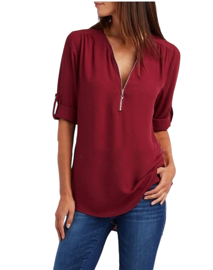 2023ebay European and American shirt V-neck zipper large size women's long sleeves rollable sleeves loose chiffon shirt European and American