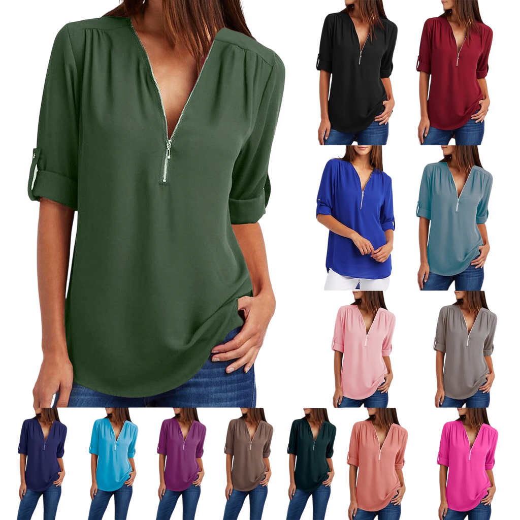 2023ebay European and American shirt V-neck zipper large size women's long sleeves rollable sleeves loose chiffon shirt European and American
